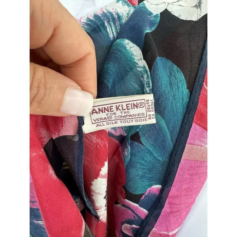 Vintage Anne Klein 100% Silk Scarf JAPAN Floral ANEMONE Red Pink Blue Elegant